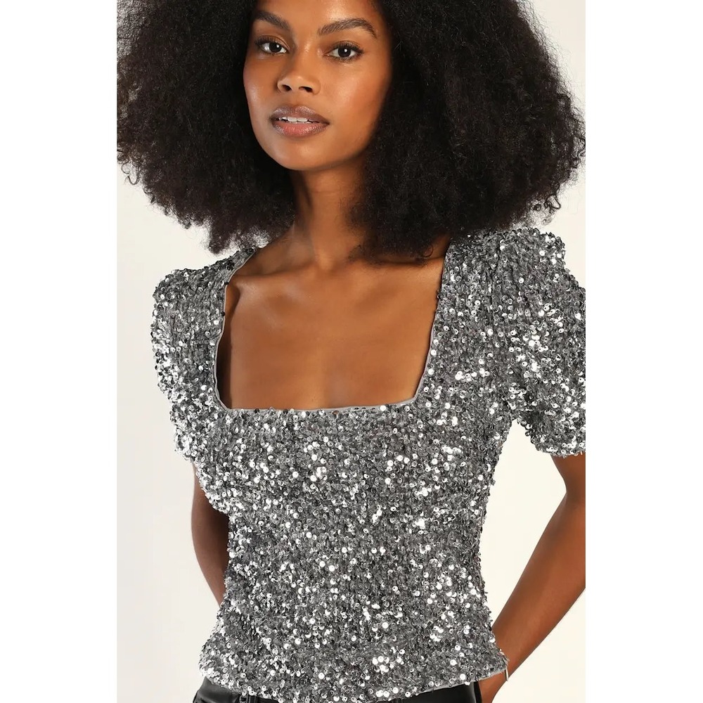 Lulus Sequin Crop Top Women XL Silver Square Neck Puff Sleeve Party Glam Holiday